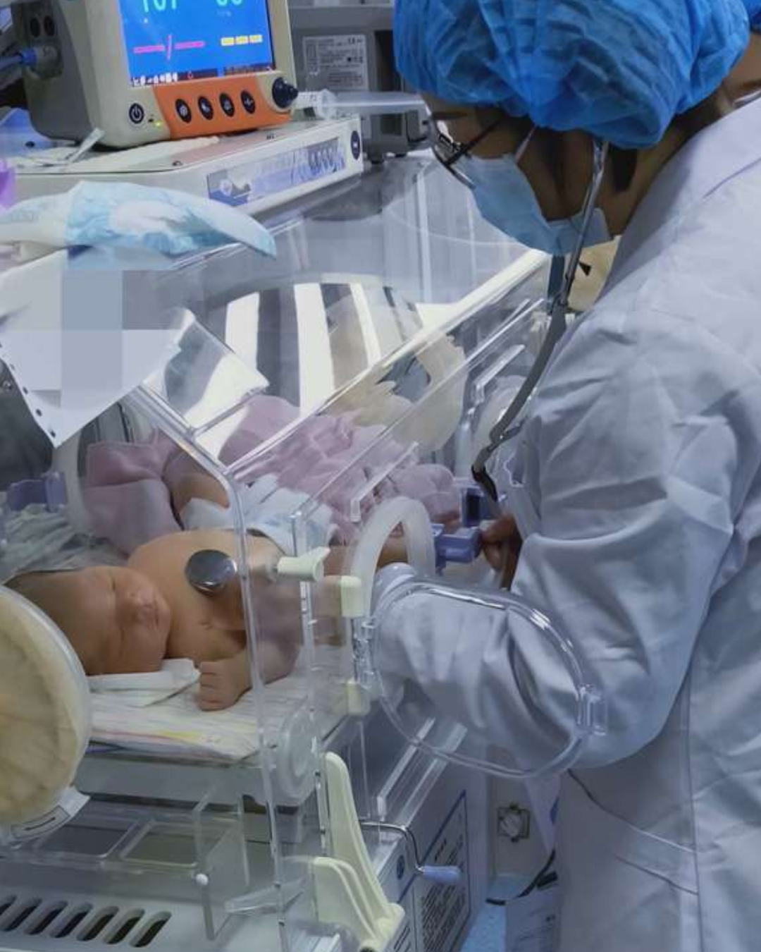 Neonatal nurse assessing infant inside the incubator