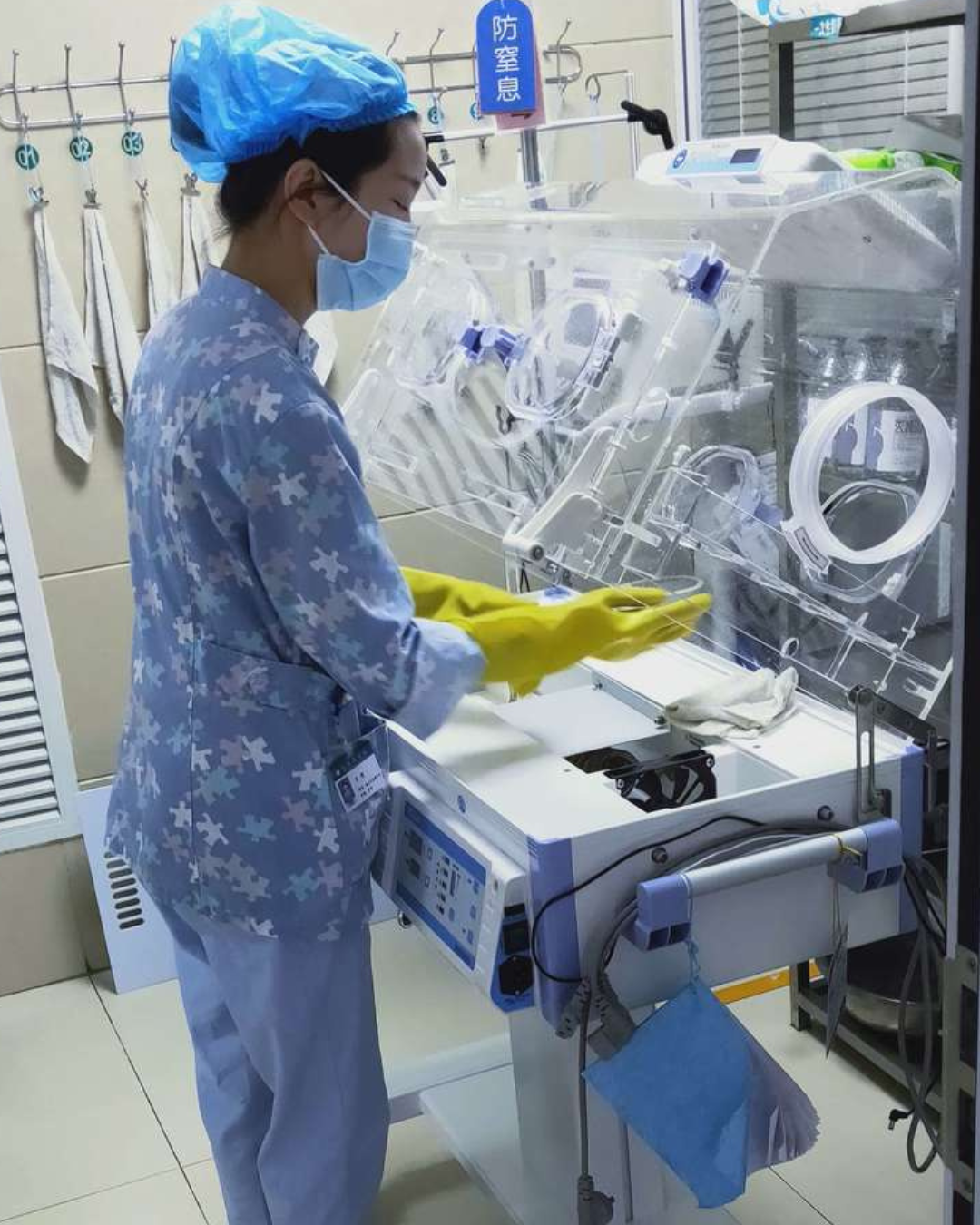 Nurse preparing the incubator between patients