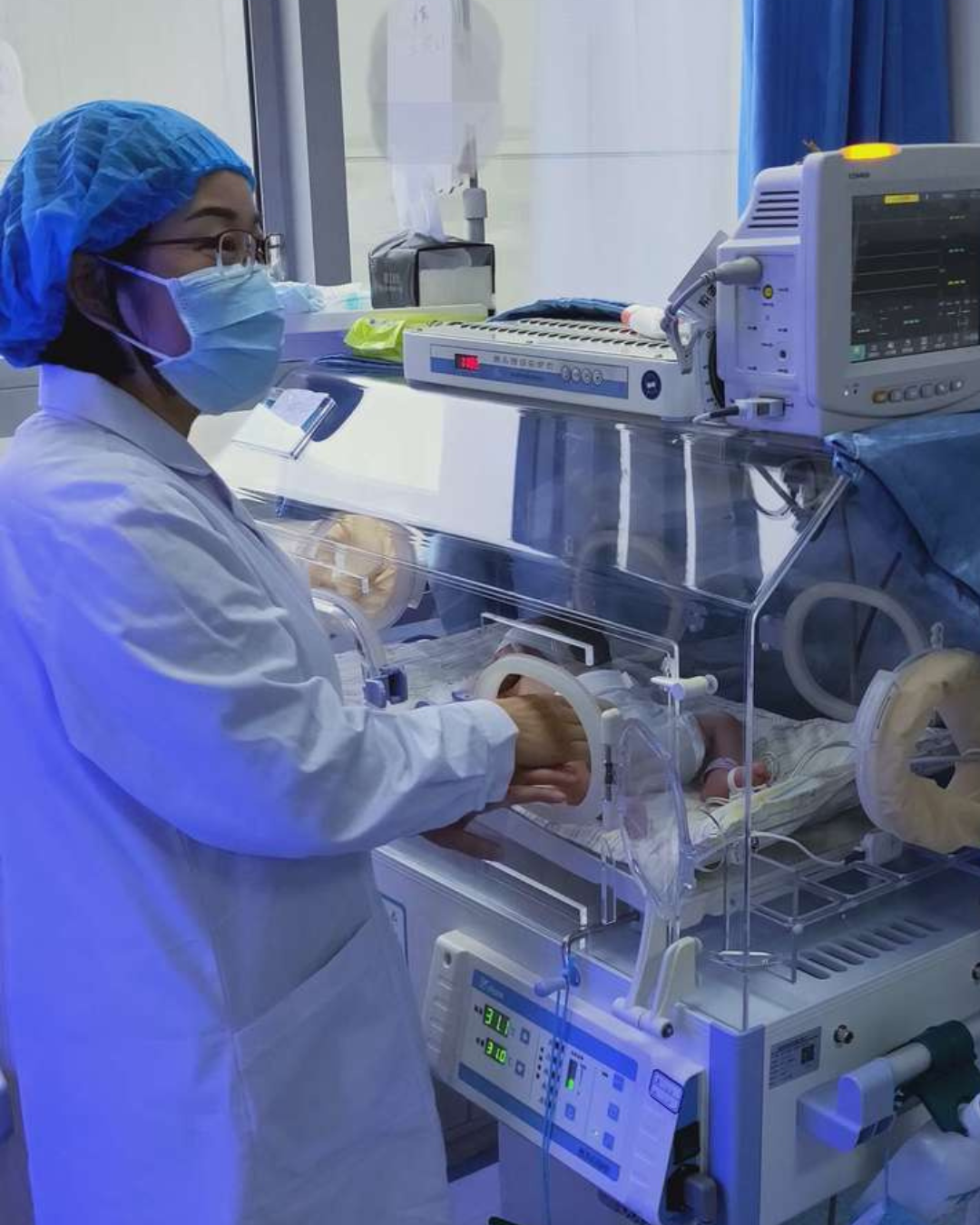 NICU team monitoring infant in incubator